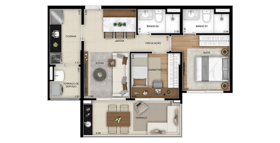 Planta Opção 2 Dormitórios (1 Suíte) - Final 8 com 63m² do Next Astorga Condomínio Clube