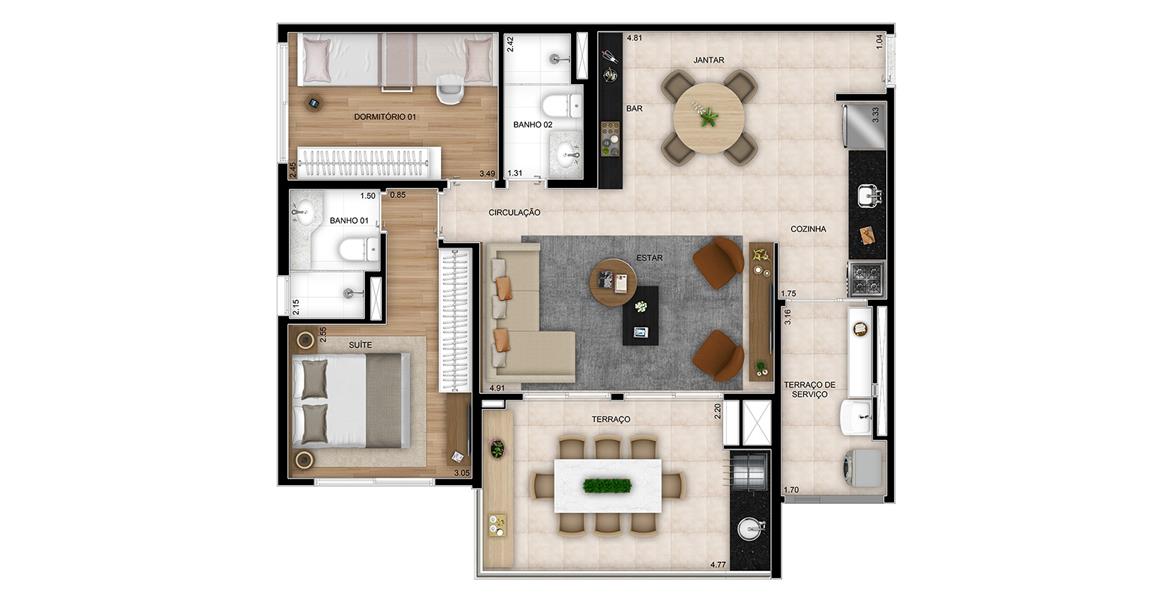 Planta Opção com Living Ampliado e 2 Dormitórios (1 Suíte) - Final 1 com 87m² do Next Astorga Condomínio Clube
