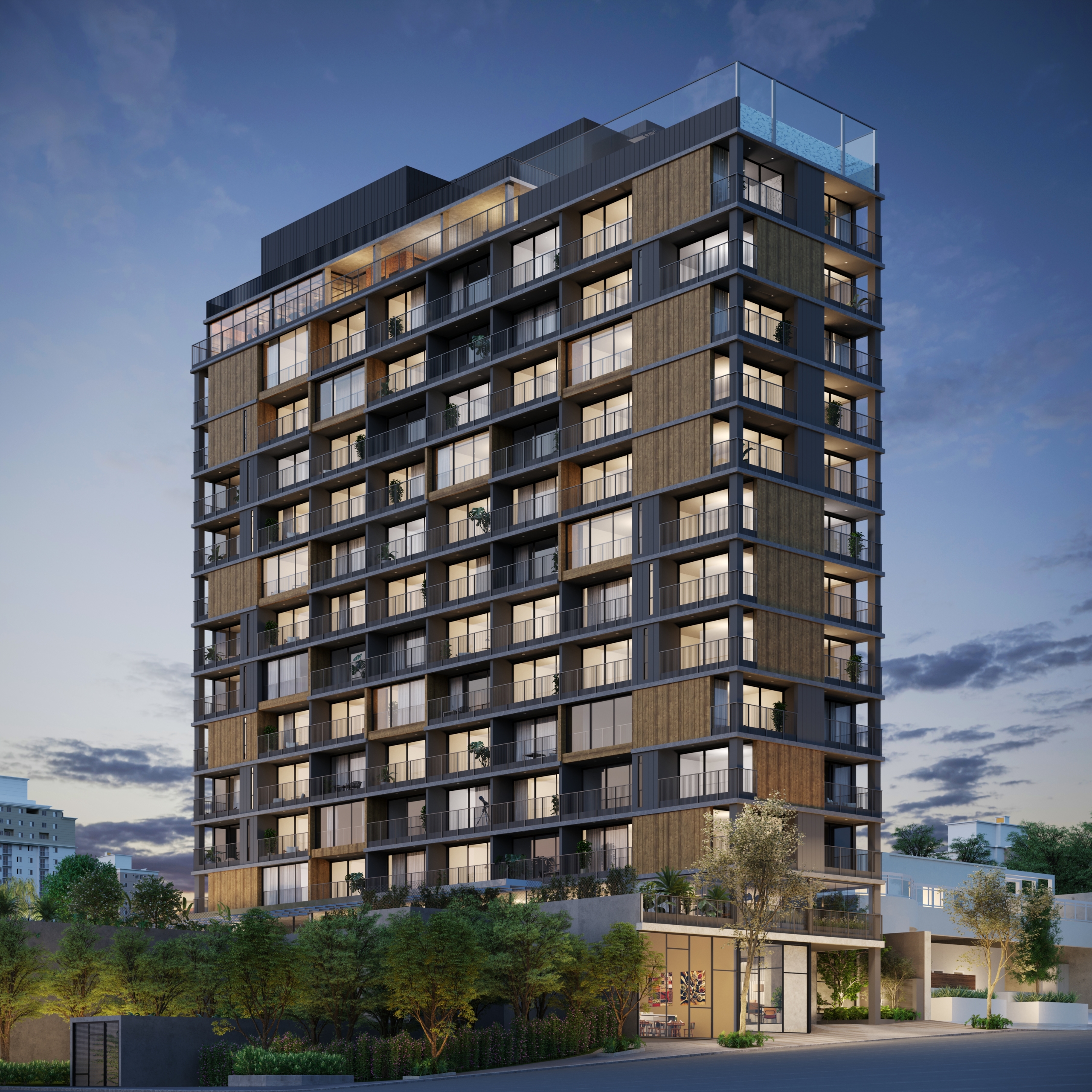 Fachada Noturna do Signa Studios by Porte