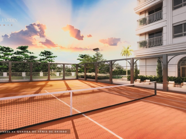 Quadra de tênis de saibro no CHATEAU Jardin no Real Parque São Paulo com lazer estilo clube e arquitetura integrada