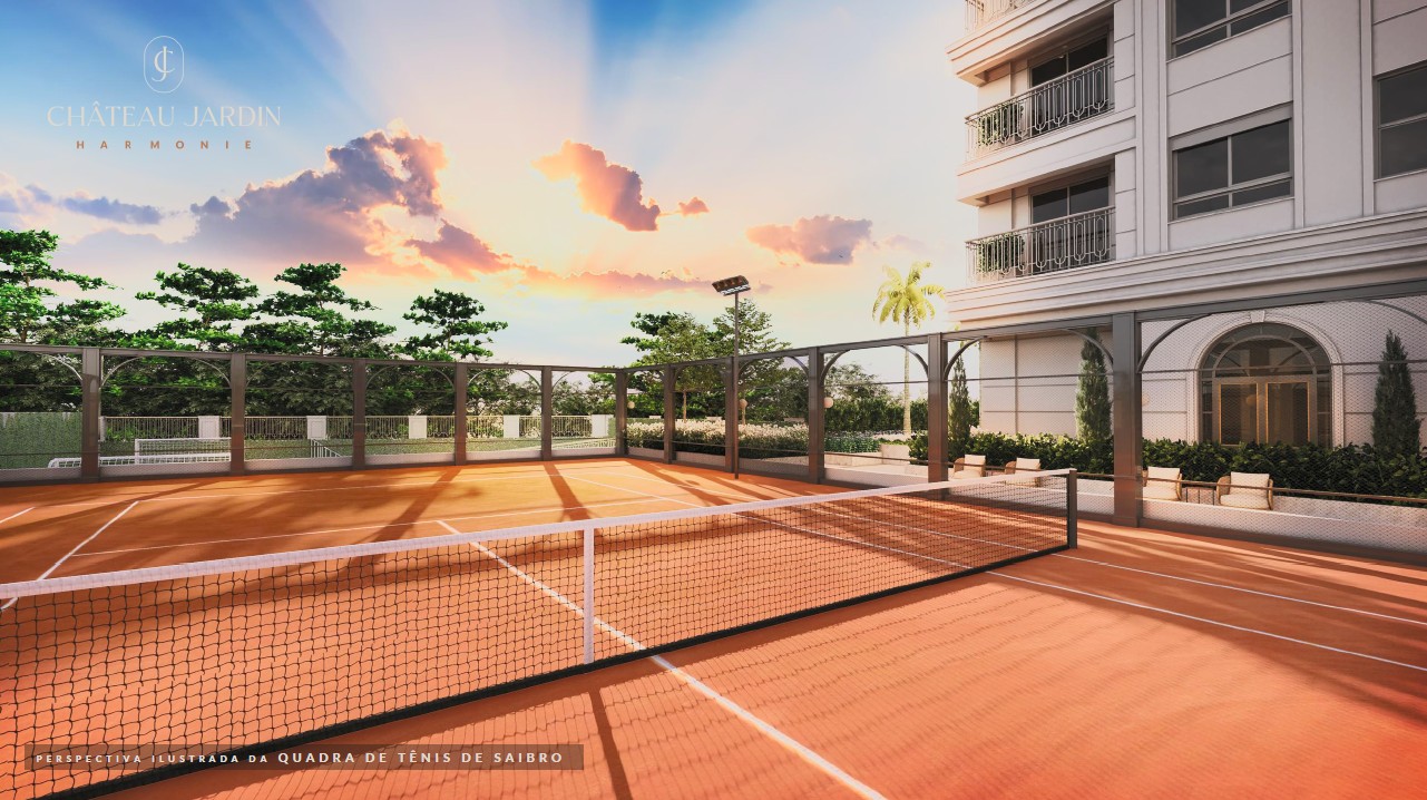Quadra de tênis de saibro no CHATEAU Jardin no Real Parque São Paulo com lazer estilo clube e arquitetura integrada